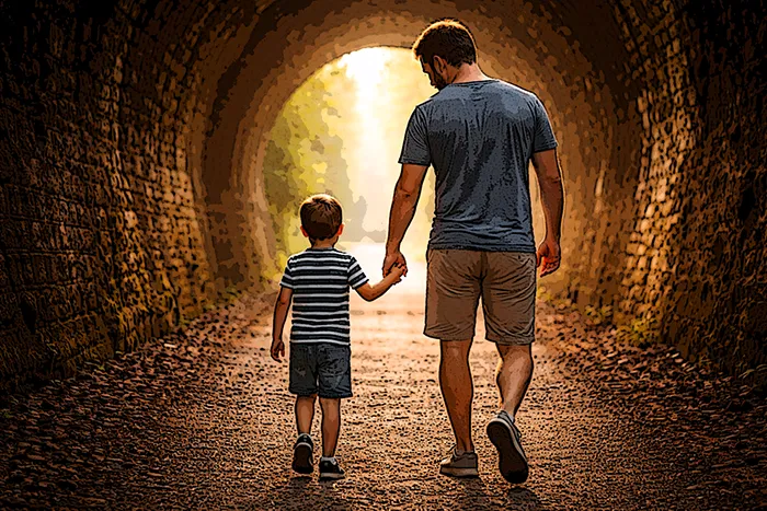 Father and Son walking into the sunlight.