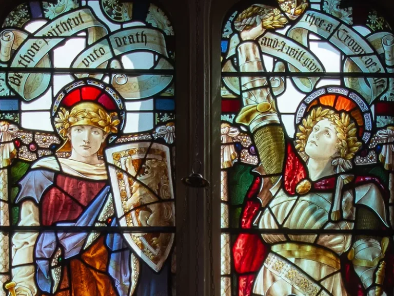 Excerpt from stained glass window, St Swithun's, Parish Church of Sandy